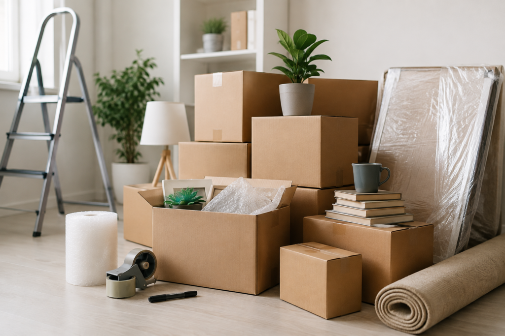 Moving-in scene with stacked cardboard boxes, potted plants, a rolled rug, and packing supplies in a bright room.